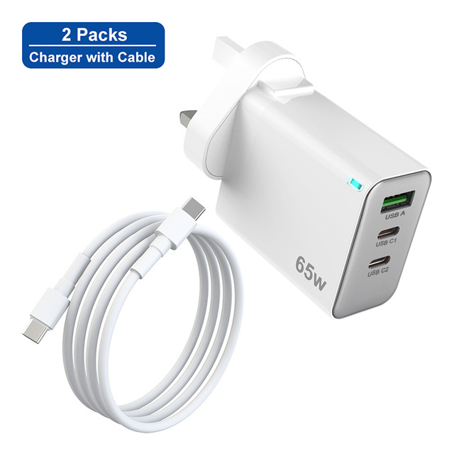 Multi-Port UK PD 65W Gan Fast Charger with 60W Cable 3 USB Ports Charger Sets for MacBook iPhone Samsung Laptop Power Supply