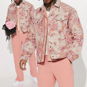 KingSen Custom <b>Men's</b> Floral Jacquard Work <b>Jacket</b> Allover Print Heavyweight <b>Canvas</b> Trucker Coat Custom Streetwear OEM Outerwear - Product Image 1