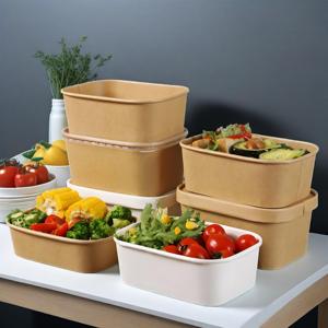Cuenco de papel biodegradable Kraft rectangular desechable de grado alimenticio para ensalada o sándwich con tapa - Product Image 5