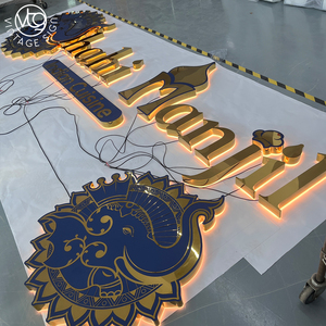 <span class=keywords><strong>Enseigne</strong></span> LED rétroéclairée personnalisée or et bleu pour la façade d'un restaurant indien - Product Image 1