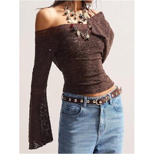 Women's Boho <b>Gothic</b> Lace Off The Shoulder Top Bell Sleeve Sheer Fitted Crop Blouse Everyday Wear - Product Image 5