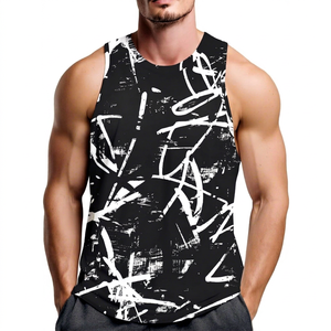 Men's <b>Black</b> Sleeveless <b>Tank</b> <b>Top</b> O-Neck Hand Painted Pattern Knitted Breathable Casual Wear - Product Image 1