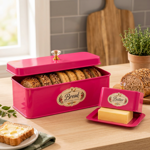 Pink Metal Bread Box with Lid <b>Crystal</b> <b>Knob</b> Vintage Butter Dish Set Kitchen Food Storage Container - Product Image 3