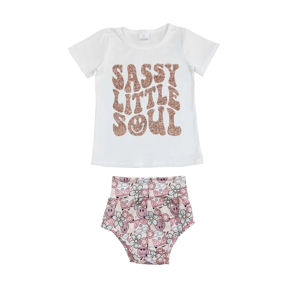 GBO0207 sassy little soul printing White short-sleeved smiley printed briefs baby girl suit boutique clothes children clothes