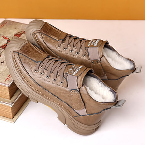 Men's Winter <b>Wool</b> Lined Warm Cotton Leather Snow Boots Anti Slip Waterproof Lace Up Casual Shoes For Middle Aged And Elderly - Product Image 3