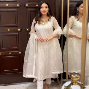 Pantalones de Seda con Encaje y Dupatta, Vestido Casual de Georgette Sintética con Lentejuelas y Diamantes, Bordado Doble, Completamente Cosido, Ropa de Mujer - Product Image 1