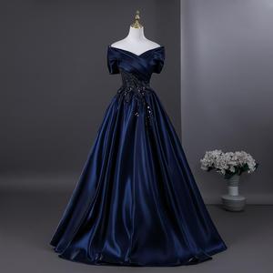 Navy Blue Off The Shoulder Empire Waist Long Evening Dress For Performance And Formal Events - Product Image 2