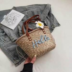 Sacs cabas en paille personnalisables avec nom, sacs de plage tissés à la main, mignons, décontractés, couleurs unies, pour femmes - Product Image 5