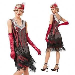 Robe à clapet vintage des années 1920 Double pompon Great Gatsby Cosplay Costume pour Cocktail Party <span class=keywords><strong>Charleston</strong></span> Dance Sequin Stud V-Neck - Product Image 3