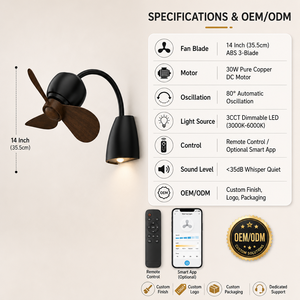 Ventilatore da Parete da 14 Pollici con Luce 80 °   Lampada da Parete LED Dimmerabile 3CCT con Ventilatore e Motore DC in Rame Puro Oscillante <span class=keywords><strong>per</strong></span> Camera da Letto - Product Image 3