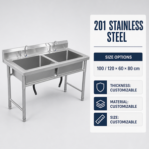 อ่างล้างจานสแตนเลสแบบสองหลุม 201 SS สำหรับร้านอาหาร โรงแรม ครัวจัดเลี้ยง - Product Image 2