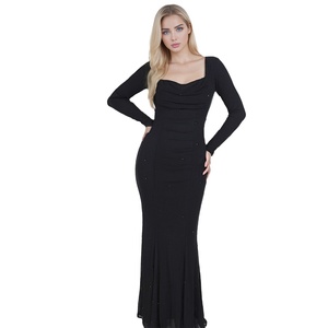 Vestido de fiesta de mujer de algodón con logotipo personalizado y elegante diseño ajustado de manga larga otoño Maxi estampado digital patrón sólido en la espalda - Product Image 4