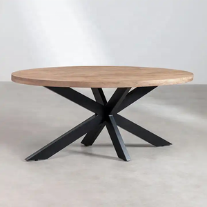 Tavolo da pranzo rotondo KVJ-8409 con base in metallo francese resistente, gambe in ferro e piano in <span class=keywords><strong>parquet</strong></span> di <span class=keywords><strong>rovere</strong></span> <span class=keywords><strong>bianco</strong></span> sbiancato. - Product Image 4