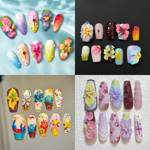 <span class=keywords><strong>Uñas</strong></span> Postizas <span class=keywords><strong>de</strong></span> Diseño Floral Tropical 3D con Diamantes y Mariposas, Coloridas, Estilo Francés, para Venta al Por Mayor - Product Image 3