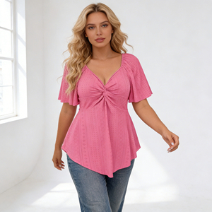 Customization Hot <b>Pink</b> V-neckTwist-front Peplum Blouse Eyelet DetailModern Elegant Short Sleeve Women's <b>Top</b> for Formal/Casual - Product Image 1
