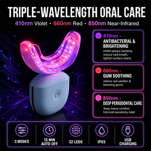 Lampe de soin buccal 3-en-1 à lumière rouge 660nm, NIR 850nm et violette 410nm, appareil de thérapie LED multi-longueurs d'onde pour le soin des gencives et une haleine fraîche - Product Image 1