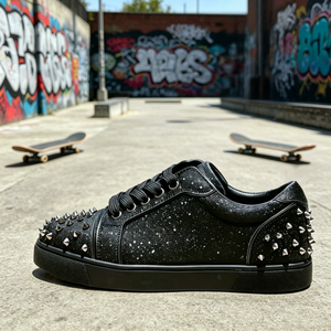 Sneakers de luxe pour hommes, style streetwear tendance, avec rivets décoratifs punk personnalisés, surface brillante, lacets plats, chaussures de sport haut de gamme - Product Image 1
