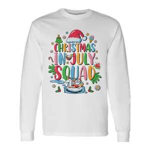 Camiseta de manga larga con estampado digital de cuello redondo unisex de Christmas In July Squad, Summer Vibes, para fiestas en la playa y reuniones familiares - Product Image 1