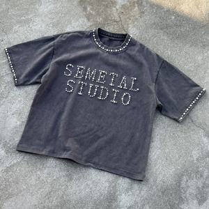 T-shirt en coton surdimensionné à lavage acide, style streetwear rétro, avec perles et strass personnalisés, fabriqué sur mesure - Product Image 2