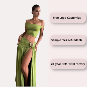 Elegante <span class=keywords><strong>conjunto</strong></span> de <span class=keywords><strong>dos</strong></span> <span class=keywords><strong>piezas</strong></span> de color verde oliva con broche floral desmontable y abertura hasta el muslo para traje de fiesta de invitados de boda - Product Image 2