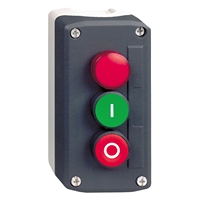 Boîtier de commande électrique Xald363b avec bouton à rappel automatique, configuration SPST, bouton rouge, bouton vert, boîtier en polycarbonate, 22 mm
