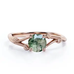 Ágata Musgo Verde Significado Split Ring Band 925 Sterling Silver Rose Banhado A Ouro Atacado Anel Das Mulheres