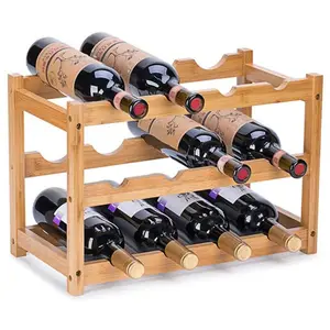 Naturale di Bambù Rack di Stoccaggio Freestanding Controsoffitto Impilabile Mensola di Esposizione del Supporto di Bottiglia di Vino