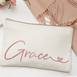 Custom Cotton Canvas Fashion Letter Pattern Soft Handle Cosmetic Bag Zipper <b>Makeup</b> Pouch Medium Capacity Reusable Travel <b>Case</b> - Product Image 5