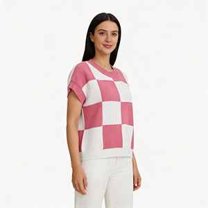 Chic Checkerboard Knit <strong>Top</strong>, Short Sleeve Crew Neck Sweater, Loose Fit Casual Blouse, Women's <strong>Checkered</strong> Knit <strong>Top</strong> - Product Image 3