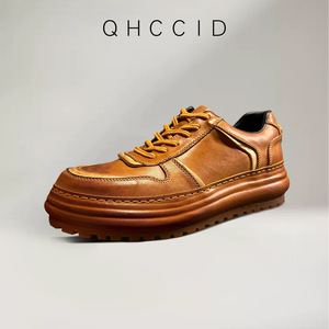 Men's Genuine <b>Leather</b> Casual Shoes Thick Soled Height Increasing Breathable Lace Up <b>Sneakers</b> Retro Brown Mid Heel Daily Wear - Product Image 2