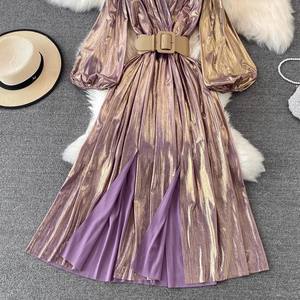 Vestido de talla única Sexy de manga larga de cintura alta con cordones metálico plisado con cuello en V vestido largo elegante con un columpio grande - Product Image 4