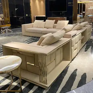 High-end l shape sofa set furniture designs modern luxury beige genuine leather villa living room sofa home furniture sofa