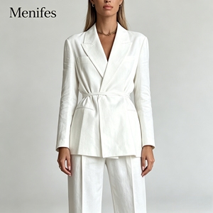 Blazer décontracté de bureau pour <span class=keywords><strong>femme</strong></span>, coupe minimaliste, en mélange de <span class=keywords><strong>lin</strong></span> blanc, avec ceinture et revers crantés, manches longues - Product Image 1