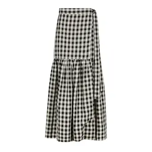 Wholesale Women's Vintage Classic Checked Printing Pleated Skirt with Pocket Design Elegant Large Size High-waisted Long Skirts