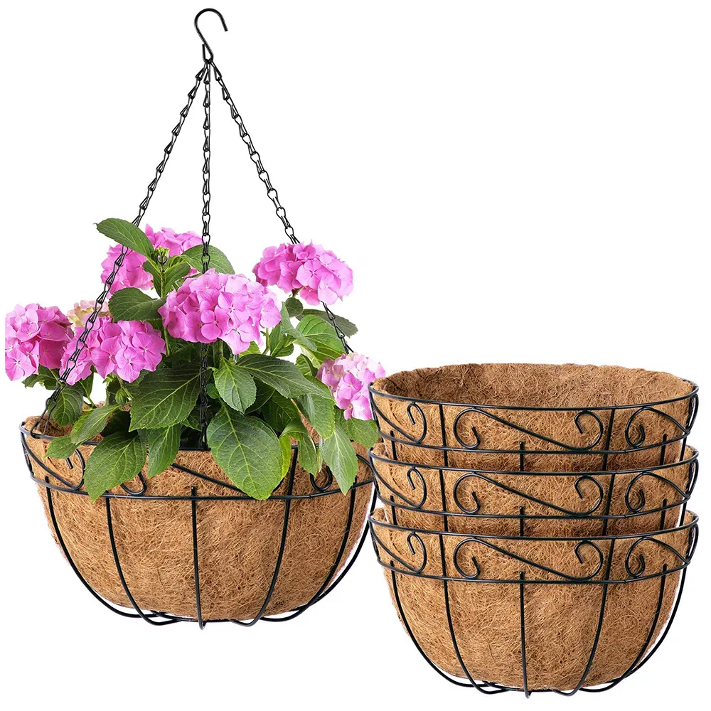 Panier de jardinière suspendu en métal avec doublure en coco Support de plante en fil rond de 12 pouces avec chaîne