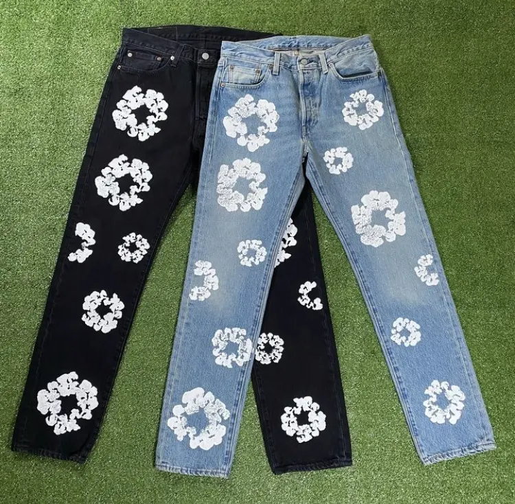 AeeDenim Ready Street סגנון OEM ג'ינס מותאם אישית לגברים ג'ינס ג'ינס עם הדפס מזדמן לגברים דמעות ג'ינס רחב רגליים