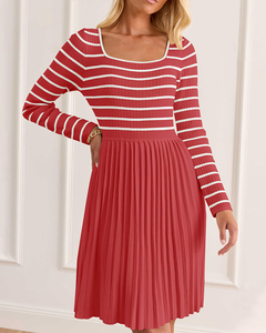 Vestido Midi de Punto a Rayas de Manga Larga para Mujer, Cuello Cuadrado, Línea A, Plisado, Informal, para Diario, Fiesta, Primavera y Otoño - Product Image 3