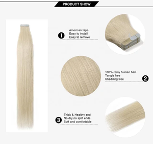Extensiones de cabello rubio europeo con cutículas alineadas # 60 60a # Extensiones de cabello rubio platino 613, lacio y sedoso, con cinta adhesiva suave. - Product Image 6