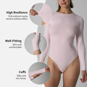 SK0716 レディース 長袖 二重裏地 Tバック シームレス スリムフィット ソフト お腹引き締め クルーネック ストレッチ フィットネス ボディスーツ - Product Image 5