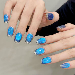 Faux <span class=keywords><strong>ongles</strong></span> à presser carrés moyens, style simple, bleu profond, <span class=keywords><strong>saphir</strong></span> œil de chat - Product Image 2