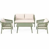 Ensemble de canapé vert sauge avec dossier en corde, 4 pièces, comprenant 2 fauteuils et une table basse, mobilier de patio avec coussins crème pour jardin