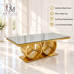 Table de salle à manger élégante en acier inoxydable avec plateau en verre miroir et base à double anneau pour événements et banquets - Product Image 1