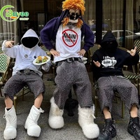 Jeans baggy pour homme personnalisés, denim délavé, effet usé, avec strass, shorts, pantalons, streetwear, jeans pour homme