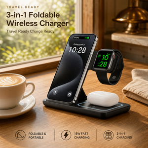 แท่นชาร์จไร้สายแบบพับได้ 3 in 1 รองรับหลายอุปกรณ์ ชาร์จเร็ว 15W สำหรับโทรศัพท์ หูฟัง นาฬิกา ชาร์จพร้อมกันได้ทุกอุปกรณ์ในแท่นเดียว OEM - Product Image 1