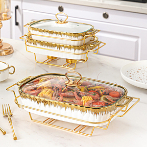 Plat de service en céramique <span class=keywords><strong>blanc</strong></span> <span class=keywords><strong>doré</strong></span> pour salade de fruits, fruits de mer, réchaud alimentaire avec support, buffet de mariage, <span class=keywords><strong>vaisselle</strong></span> de restaurant - Product Image 1
