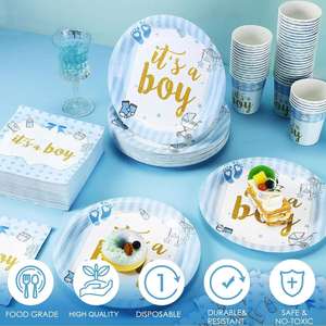 Assiette en carton jetable ronde de 7 pouces approuvée par la FDA, 350 g/m², blanche, avec motif « Hello Baby Boy » en CMJN, pour fournitures de fête - Product Image 2