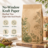 Sachet personnalisé en papier kraft sans fenêtre pour tisanes, scellé sur huit côtés, pour la vente au détail et en gros