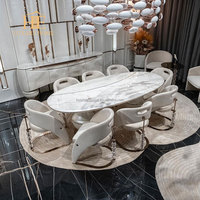 Table à manger de luxe moderne fabriquée en chaîne 8 places avec plateau en marbre blanc pour salle à manger de villa