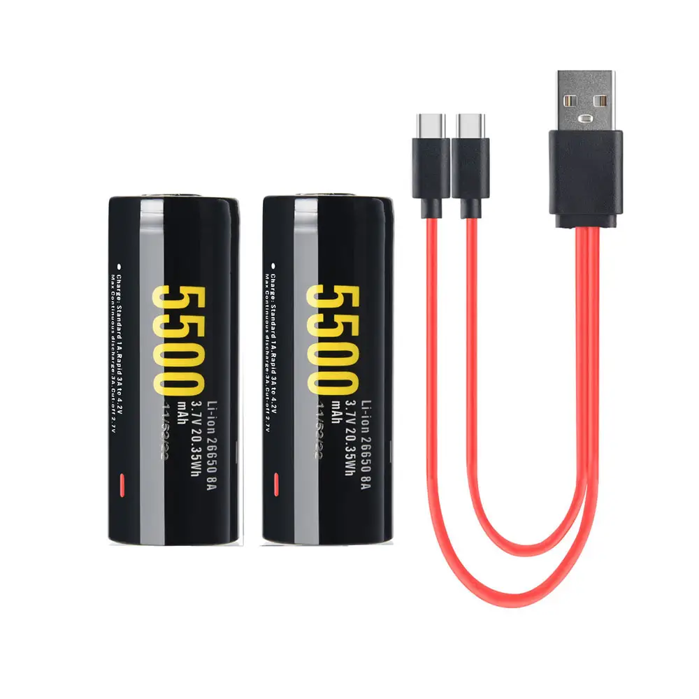 USB Li-Ion 26650 3.7V 5500MAh แบตเตอรี่แบบชาร์จไฟได้พร้อมสายเคเบิล-2 Count (แพ็ค1)