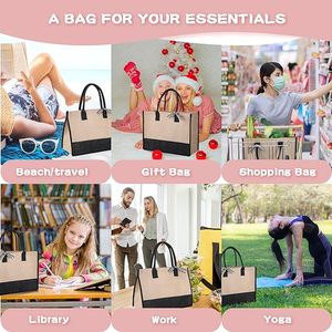 Bolso de mano de yute de lino a la moda éxito de ventas al por mayor con estampado personalizado bolso de playa reutilizable impermeable bolso de arpillera para <span class=keywords><strong>mujer</strong></span> - Product Image 6